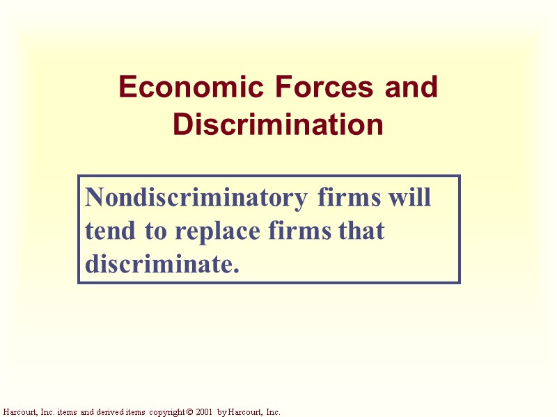 Economic Forces and Discrimination Nondiscriminatory firms will tend to replace firms that discriminate.
